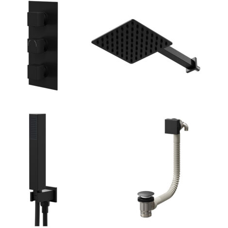 Colore Square Matt Black Concealed Triple Thermostatic Shower Valve with Diverter and 200mm Fixed Head with 345mm Wall Arm and Outlet Holder with Kit and Free-Flow Bath Filler - 3 Outlet