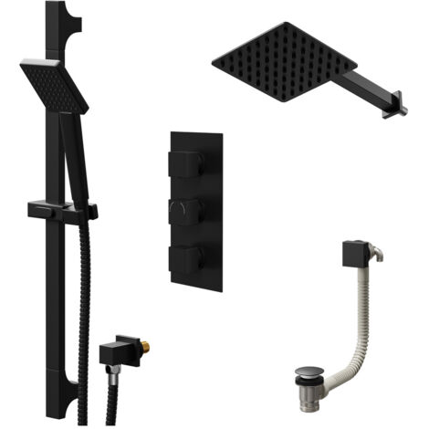 Colore Square Matt Black Concealed Triple Thermostatic Shower Valve with Diverter and 200mm Fixed Head with 345mm Wall Arm and Slide Rail Kit with Free-Flow Bath Filler - 3 Outlet