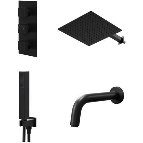Colore Square Matt Black Concealed Triple Thermostatic Shower Valve with Diverter and 300mm Fixed Head with 345mm Wall Arm and Outlet Holder with Kit And Bath Spout - 3 Outlet