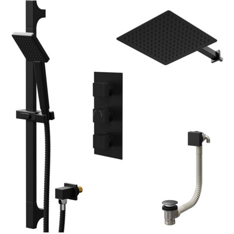 Colore Square Matt Black Concealed Triple Thermostatic Shower Valve with Diverter and 300mm Fixed Head with 345mm Wall Arm and Slide Rail Kit with Free-Flow Bath Filler - 3 Outlet