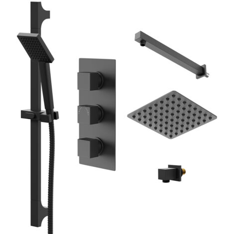 Colore Square Matt Black Concealed Triple Thermostatic Shower Valve with Square Fixed Shower Head and Square Slide Rail Kit - 2 Outlet