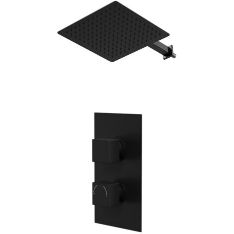 Colore Square Matt Black Concealed Twin Thermostatic Shower Valve and 300mm Thin Square Fixed Head with Wall Arm - 1 Outlet