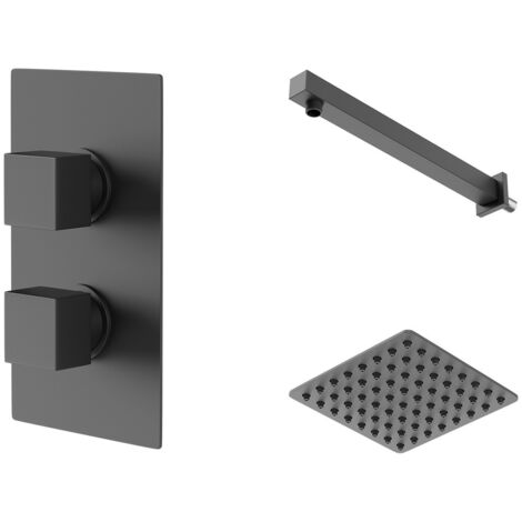 Colore Square Matt Black Concealed Twin Thermostatic Shower Valve with Square Fixed Head and Wall Arm - 1 Outlet