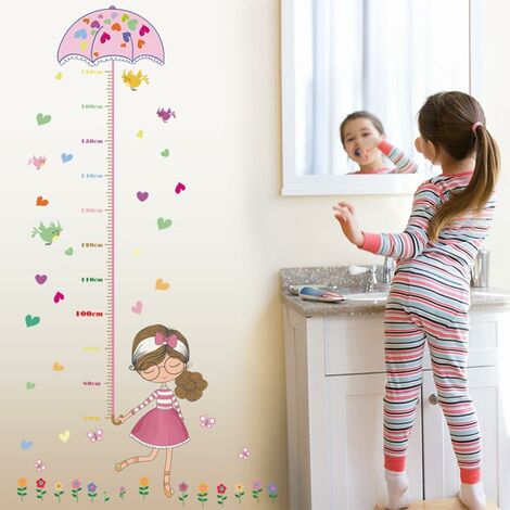 READCLY Colorful Flowers Birds Girl Hold Umbrella Growth Height Chart Removable Wall Stickers Decals, Kids Baby Bedroom Nursery DIY Decorative Adhesive Wall Stickers
