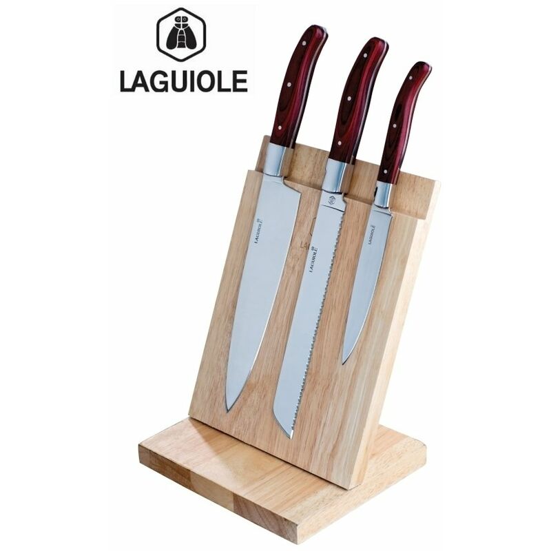 Image of Grecoshop - Coltelli/Coltello da cucina professionali in acciaio inox set 3 pezzi su supporto in legno calamitato - Laguiole