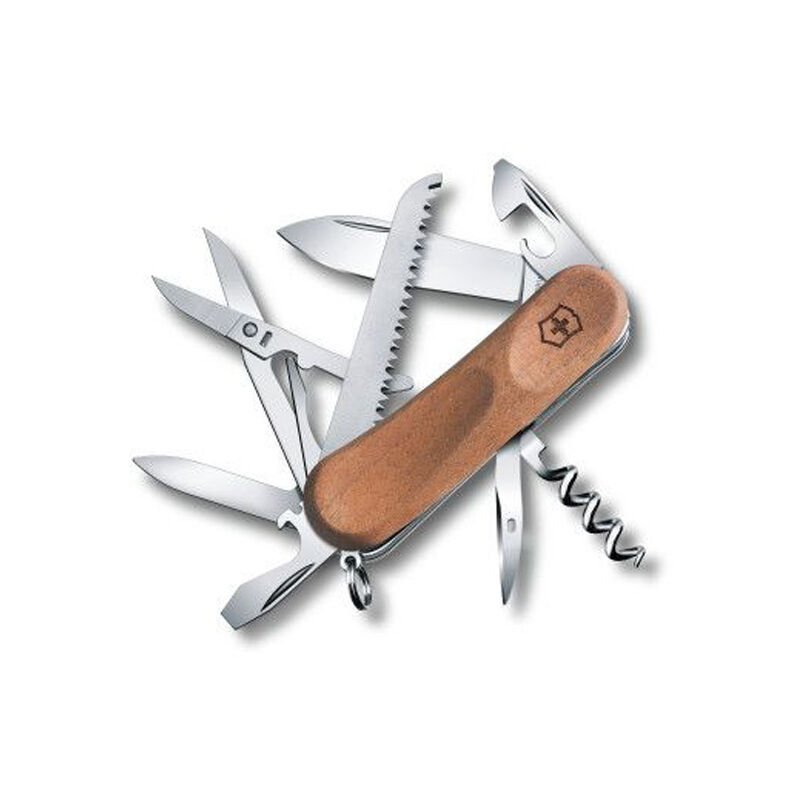 Image of Coltellino svizzero Victorinox Evolution Wood 17 2.3911.63B1 con 13 funzioni tra cui forbici e lima per unghie presentato in una confezione blister