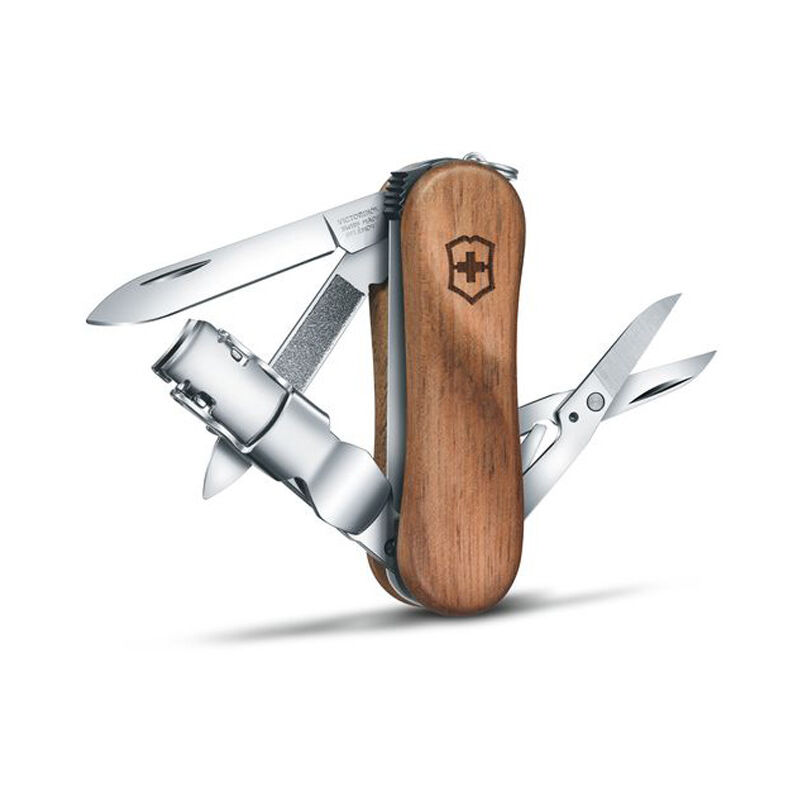 Image of Coltellino svizzero Victorinox Nail Clip Wood 580 0.6461.63B1 con 6 funzioni tra cui lima e tagliaunghie, presentato in blister
