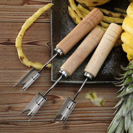 Coltello per sbucciare l'ananas in acciaio inossidabile, sbucciatore per uso domestico con manico in legno, paletta per sbucciare, leva occhi, forchetta per ananas - 3 pezzi
