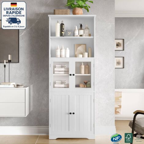 Columna de bañera de pie 57,4 x 28,5 x 160 cm - Pintura resistente a la humedad - Puerta de cristal, puerta de madera, dos estantes abiertos - Escandinavo - Blanco