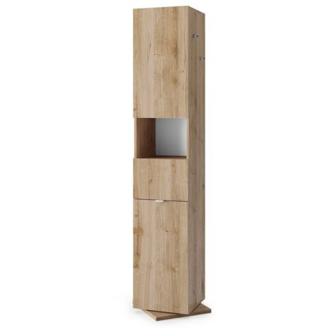 Columna de baño giratoria con espejo, 2 puertas y 1 cajón, colección BURA. Color roble claro