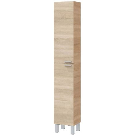 Columna de baño Hollywood, Mueble columna para baño con 2 puertas, Mueble de pared suspendido con 2 baldas, cm 30x25h182, Roble