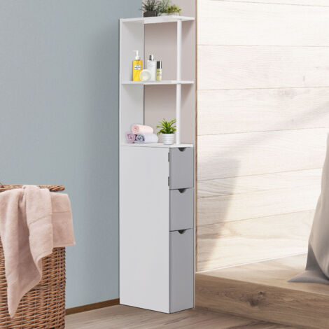 Columna de Baño Moderno Mueble Auxiliar de Baño con 2 Estantes 2 Cajones y 1 Puerta Antivuelco 15x33x136,8 cm Blanco