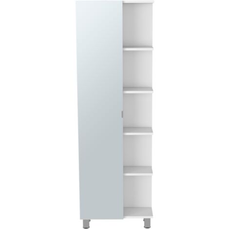 Columna de baño multifuncional urano, con cinco estantes externos, cuatro estantes internos y un espejo incorporado.