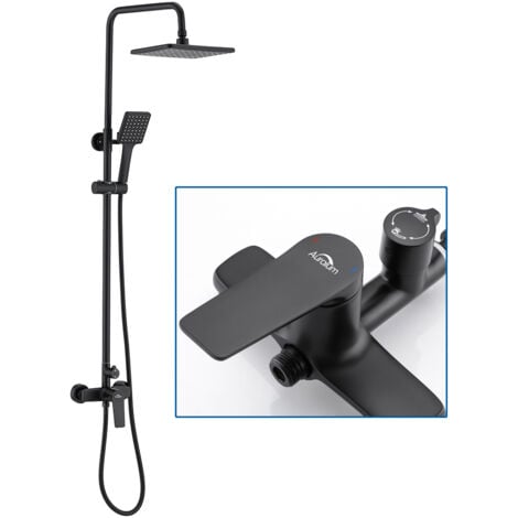 Columna de ducha con Ducha Monomando Negro, Conjunto de ducha para Bañeras y Baños con Ducha de Lluvia y Ducha de Mano, Regulable en altura de 90 a 124 cm