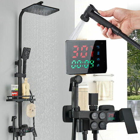 Columna de ducha de acero inoxidable con estante de baño Juego de ducha de altura ajustable negro Sistema de ducha con pantalla LCD de temperatura para baño