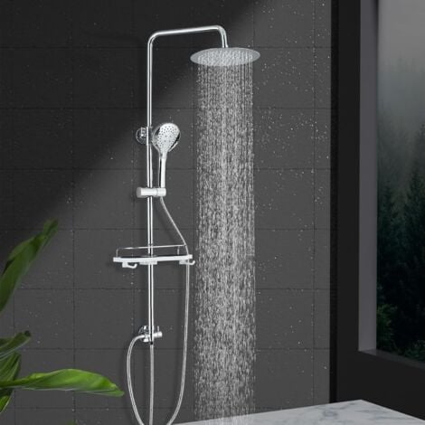 SUGUWORD Columna de ducha de lluvia Mezclador de ducha de lluvia Cromo Conjunto de ducha Sistema de ducha con estantes, ducha de lluvia, ABS Teleducha de 3 funciones para cuartos de baño