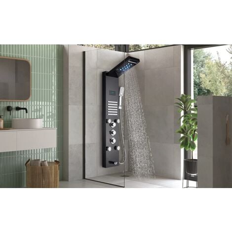 SUGUWORD Columna de Ducha Hidromasaje con Mezclador Negro Panel de Ducha de Acero Inoxidable, Columna de Ducha con Mezclador de Masaje, Rociador Fijo, Teleducha y Boca de Bañera para Baño