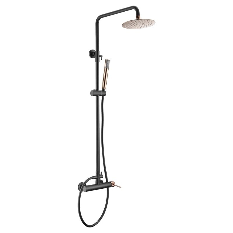 Ensemble colonne de douche monocommande avec barre extensible, douchette et poignée - Robinetterie de salle de bain Noir Mat et Or Rose