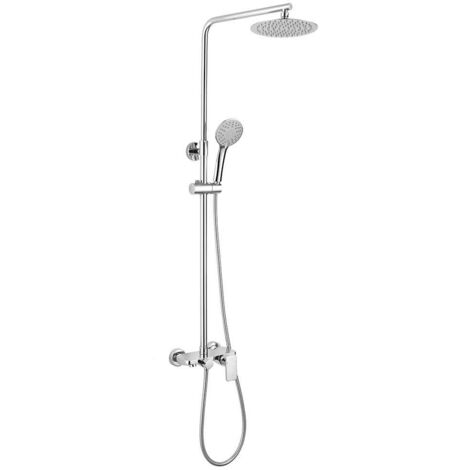 Columna de ducha monomando redonda modelo DUA con repisa integrada, tubo redondo extensible regulable en altura de 80 a 120 cm. Ducha mano para hidromasaje y rociador redondos. Recambios garantizados Kibath