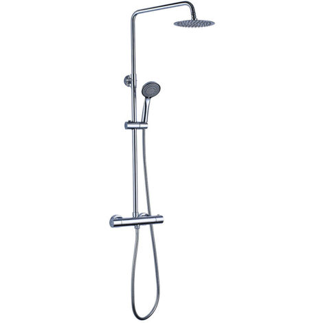 Columna de ducha redonda con grifo termostático y tubo extensible de 80 a 120 cm. ideal sin bañera. Rociador extraplano de 25 cm. de diámetro y ducha de mano para hidromasaje. Repuestos garantizados