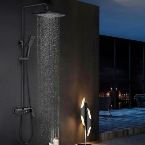 Columna de Ducha Regulable, SDLOGAL Set de Ducha Ducha de Mano 3 Jets Ducha de Cabeza Cuadrada, Sistema de Ducha Regulable en Altura para Baño -Negro