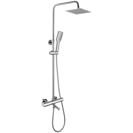 Columna de ducha termostática CON CAÑO Quad. Con tubo redondo extensible de 80 a 120 cm. con desviador integrado. Ducha de mano y rociador superior cuadrados. Recambios garantizados Kibath