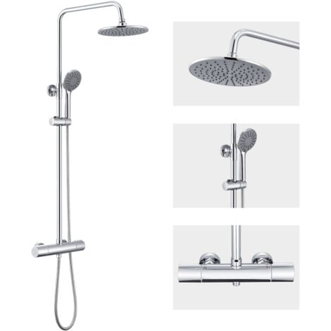 AURALUM Columna de ducha Termostática con Grifo Redondo Sistema de Ducha antiquemaduras con 9 Pulgadas Ducha de Lluvia y 3 Funciones Ducha de Mano con boquillas anticalcárea, Altura Ajustable 840mm-1210mm