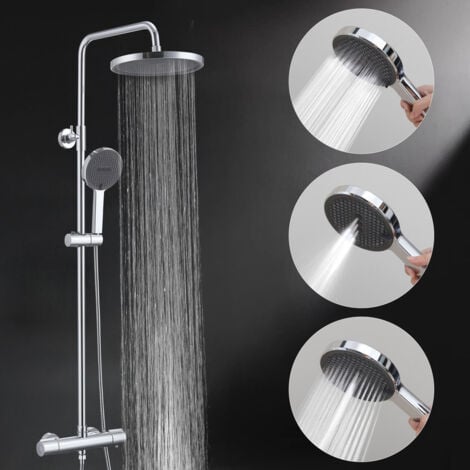 Columna de Ducha Termostática Cromada con Grifo de Latón, Kit de Ducha con Altura Ajustable, Sistema de Ducha Completo