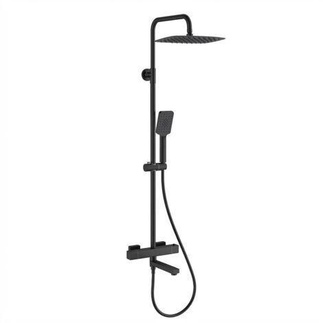 Columna de ducha termostática cuadrada con salida para bañera – Salida superior/inferior – Ducha de lluvia de 10" en acero inoxidable – Ducha de mano cuadrada – Negro mate