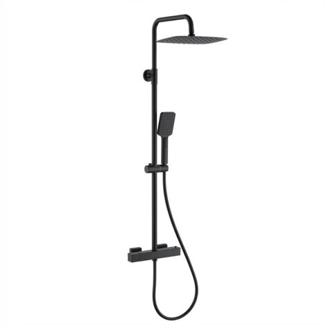 Columna de ducha termostática cuadrada – Salida superior/inferior – Ducha de lluvia cuadrada de 10" en acero inoxidable – Ducha de mano cuadrada – Negro mate