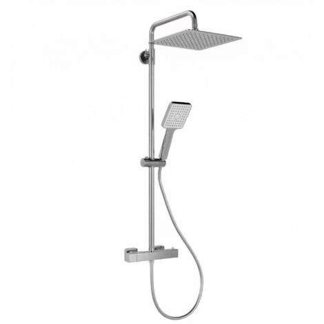 Columna de ducha termostática cuadrada – Salida superior/inferior – Ducha de lluvia de 10" en acero inoxidable – Ducha de mano 5F – Cromado