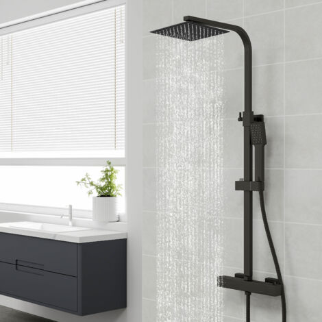 Columna de Ducha Termostática Ducha Casa Negro Mate  Alcachofa Cuadrada Grande  Barra Regulable 73-115cm Sistema de Ducha Superior
