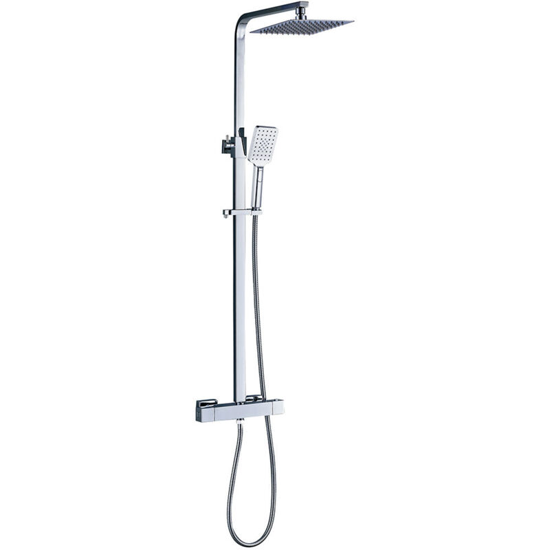 

Columna de ducha termostática EXTRAPLANA de diseño cuadrado. Regulable en altura de 80 a 120cm, con grifo, rociador 20x20cm y mango de ducha