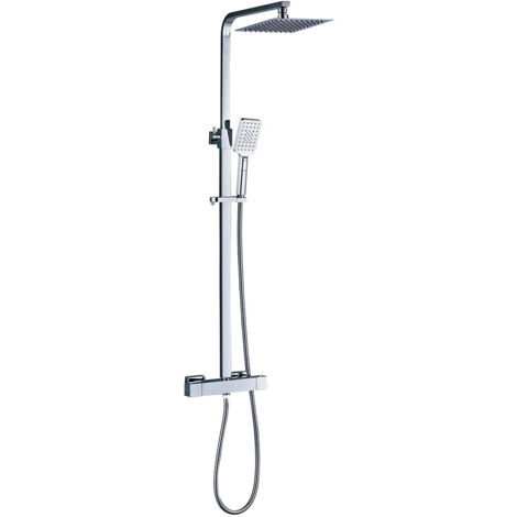 Columna de ducha termostática EXTRAPLANA de diseño cuadrado. Regulable en altura de 80 a 120cm, con grifo, rociador 20x20cm y mango de ducha cuadrados. Acabados cromo brillo. Repuestos garantizados Kibath