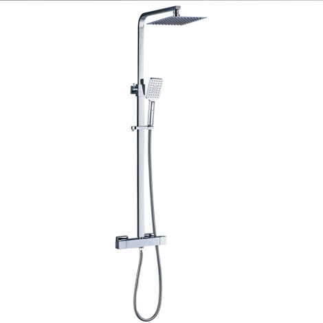 Columna de ducha termostática EXTRAPLANA de diseño cuadrado. Regulable en altura de 80 a 120cm, con grifo, rociador 25x25cm y mango de ducha cuadrados. Acabados cromo brillo. Repuestos garantizados Kibath