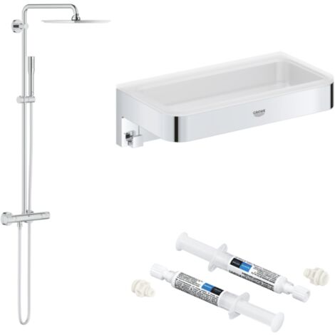 Columna de ducha termostática GROHE Vitalio Joy System 230 + estante rectangular GROHE Start Cube + pegamento Quickglue