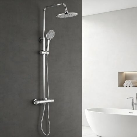 Columna de Ducha Termostática STANEW 38 °C con Ducha de Techo de 200 mm, Manguera de 3 Chorros y Altura Regulable – Acabado en Plata