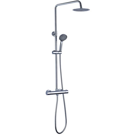 Columna de ducha termostática TACTO FRÍO que evita quemaduras. Tubo extensible extralargo de 100 a 150 cm. con ducha hidromasaje redonda con acabados en cromo brillo. Recambios garantizados