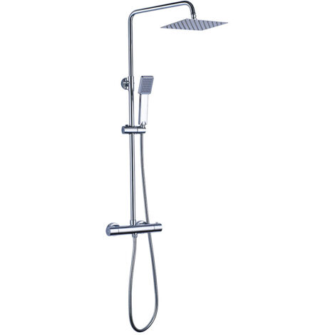 Columna de ducha termostática TACTO FRÍO que evita quemaduras. Tubo extralargo extensible de 100 a 150 cm. con ducha hidromasaje cuadrada con acabados en cromo brillo. Recambios garantizados