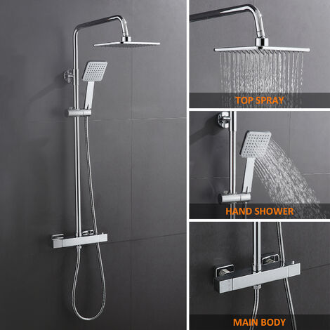 Columna de Ducha Termostático Adjustable Griferias Hidrosanitarias Termostaticas Conjunto de Ducha con Cabezal Efecto Iluvia Sistema de Ducha Cromado