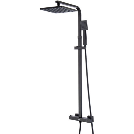 Columna Ducha con Termostática Negro, Auralum Conjunto de Ducha con Termostática Mezclador de Latón, con Rociadores de ducha 21,5cm y Ducha de Mano, Barra de ducha Ajustable a 110cm-137cm