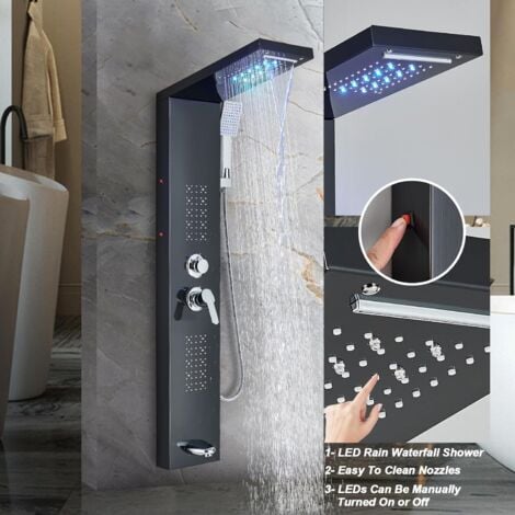SUGUWORD Columna Ducha Hidromasaje,Panel de Ducha Hidromasaje Negro Set de Ducha con Pantalla LCD Ducha de Mano y 5 modos de Chorro Hidromasaje,Sistema de Ducha de Acero Inoxidable para Baños