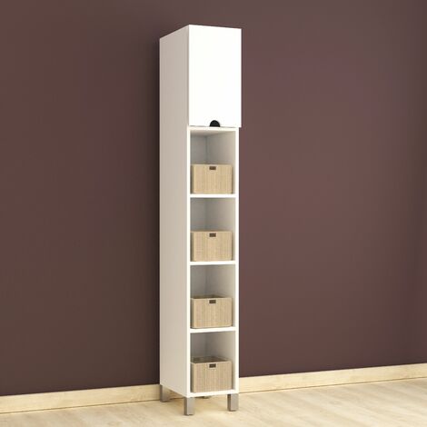 Columna Multiusos para Baño, 2 puertas, con estantes vistos. Acabado en blanco.