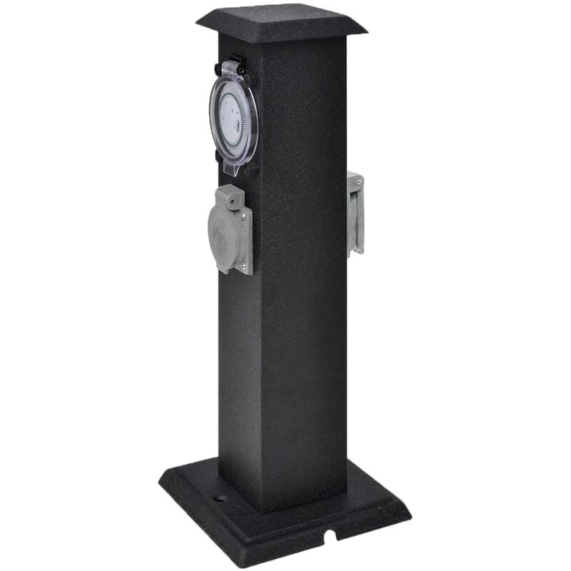 

Columna negra con enchufe y temporizador para el jardín