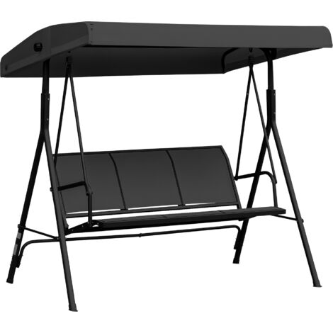 Columpio de jardín de 3 plazas con toldo, asiento transpirable y estructura de acero, color negro.