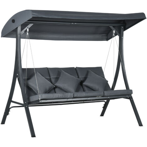 Columpio de jardín exterior gris oscuro de 3 plazas con toldo ajustable y estructura de acero, 202 x 115 x 168 cm.