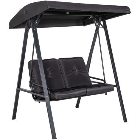 Columpio Hollywood de 2 plazas con toldo y cojines regulables, banco columpio con capacidad de carga de hasta 220 kg, para jardín y balcón, 145 × 116 × 172 cm, color negro