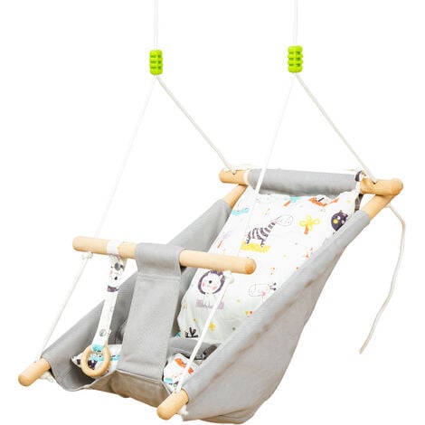  Columpio para bebé y niño pequeño, hamaca de lona para bebé para  interiores y exteriores, con cinturón de seguridad y accesorios de montaje,  silla colgante de madera para bebés de hasta
