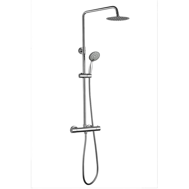 

Columna de ducha termostática extralarga ROU Round, con tubo extensible de 100 a 150 cm. Rociador extraplano de 20cm y ducha de mano de hidromasaje