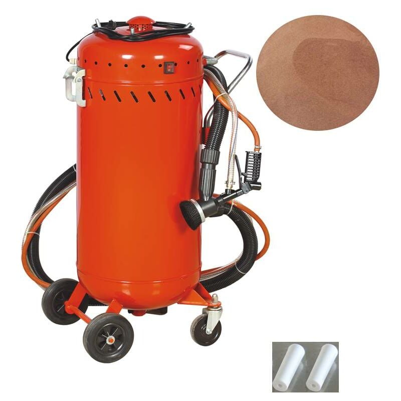 Combiné Sableuse Aérogommeuse Aspirateur mobile 106L intérieur/extérieur + 4 Buses 7mm + Sac 25kg d'Abrasif Garnet 200A+ Mesh